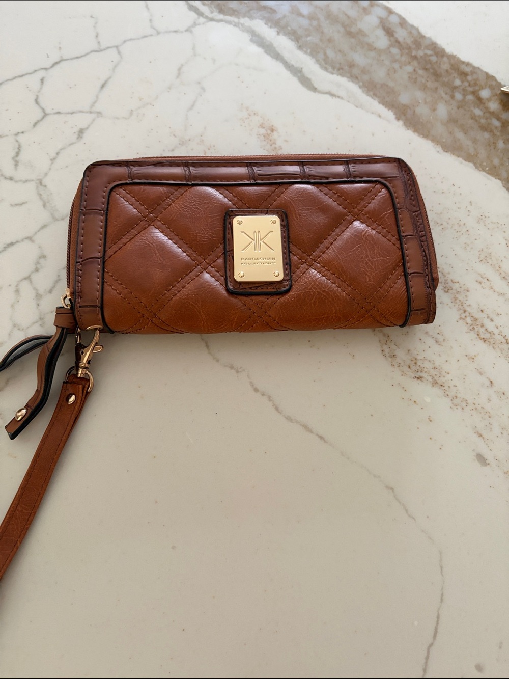 Kardashian Kollection Quilted Brown Leather Wristlet
